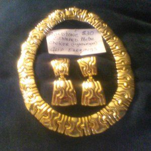 Goldtone Stamped Metal Link Choker/Earrings